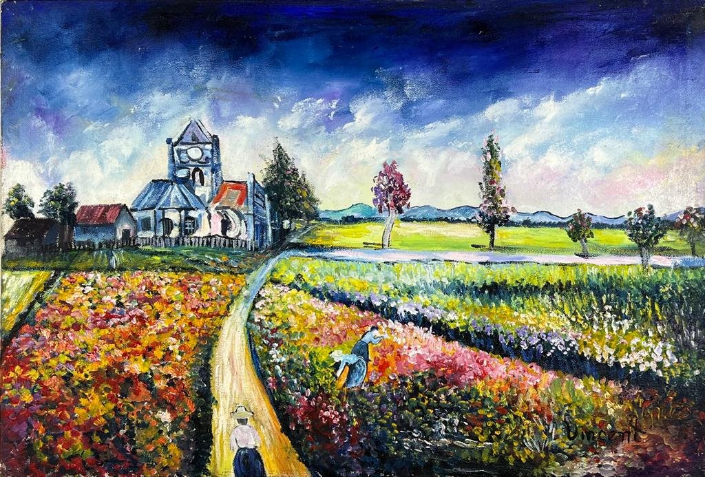 Vincent Van Gogh Dutch (Oil on Canvas Painting) in the style of: Rendered in the Post-Impressionist style of Vincent Van Gogh. Technique: Oil on Canvas Painting. Measures: 15.5 x 23.5 Inches. Provenance: Private Collection France."In the style of" means after the a