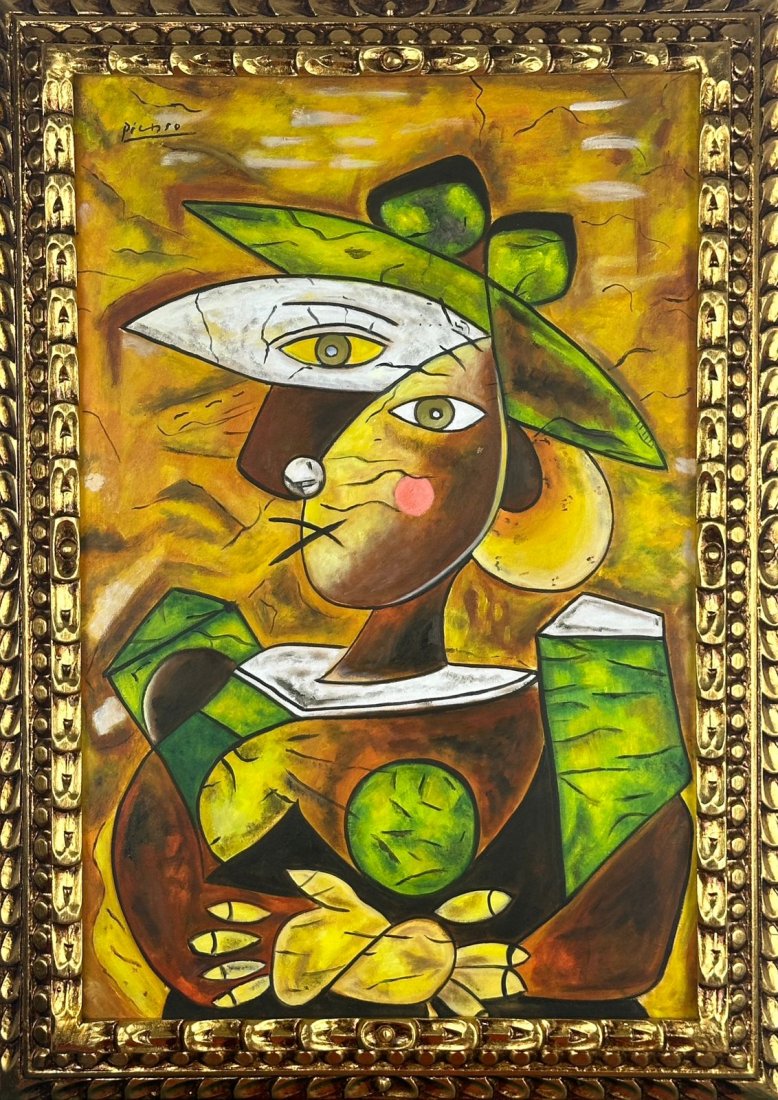 Pablo Picasso Spanish (Oil on Canvas Painting) in the style of: Rendered in the Cubist style of Pablo Picasso. Technique: Oil on Canvas Painting. Measures: 15 x 23 Inches. Provenance: Private Collector. The artwork comes wity frame."In the style of" means after th