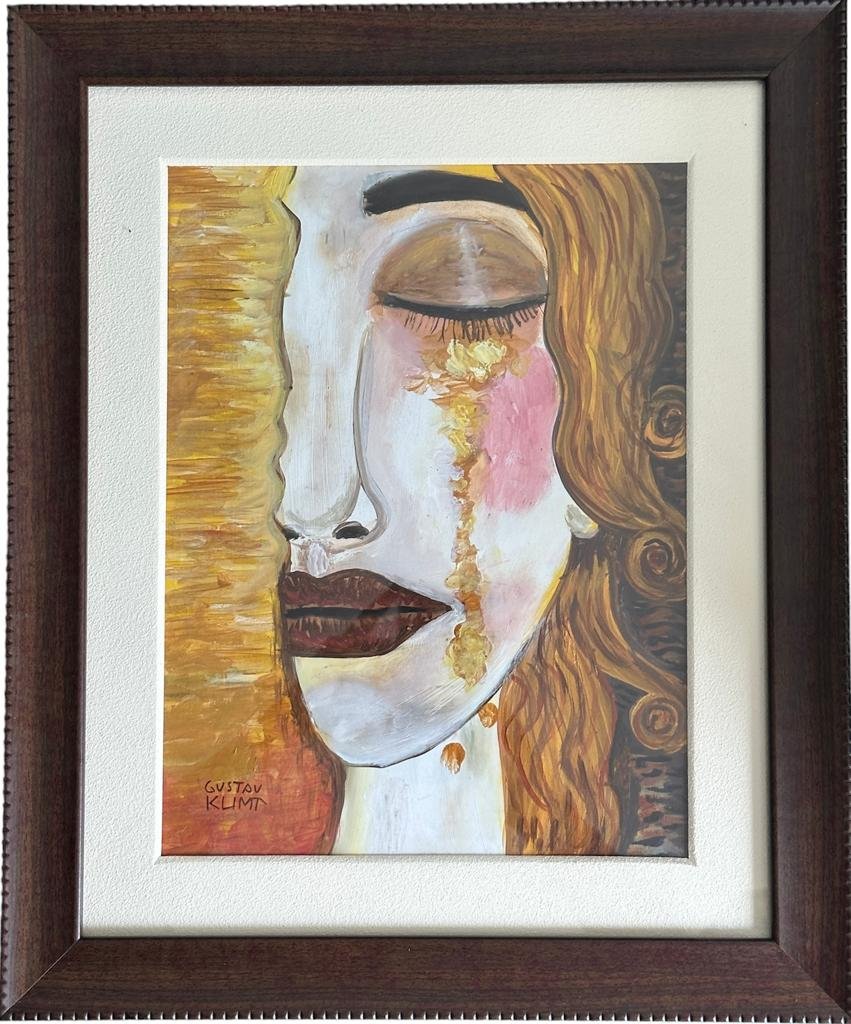 Gustav Klimt Austrian (Oil on Paper Painting) in the style of: Rendered in the style of Gustav Klimt. Technique: Oil on Paper Painting. Measures: 13 x 16 Inches. Provenance: Private Collection. "In the style of" means after the artist. The painting is framed. Ple