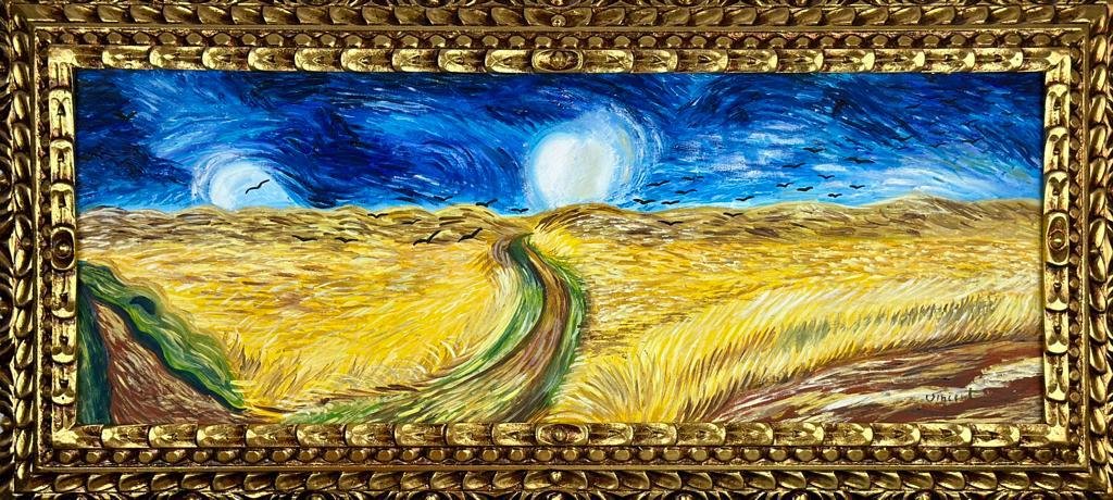 Vincent Van Gogh Dutch (Oil on Canvas Painting) in the style of: Rendered in the Post-Impressionist style of Vincent Van Gogh. Technique: Oil on Canvas Painting. Measures: 17.5 x 37 Inches. Provenance: Private Collection France."In the style of" means after the art