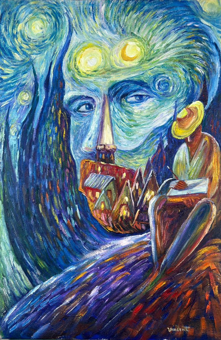 Vincent Van Gogh Dutch (Oil on Canvas Painting) in the style of: Rendered in the Post-Impressionist style of Vincent Van Gogh. Technique: Oil on Canvas Painting. Measures: 15.5 x 23.5 Inches. Provenance: Private Collection France."In the style of" means after the a