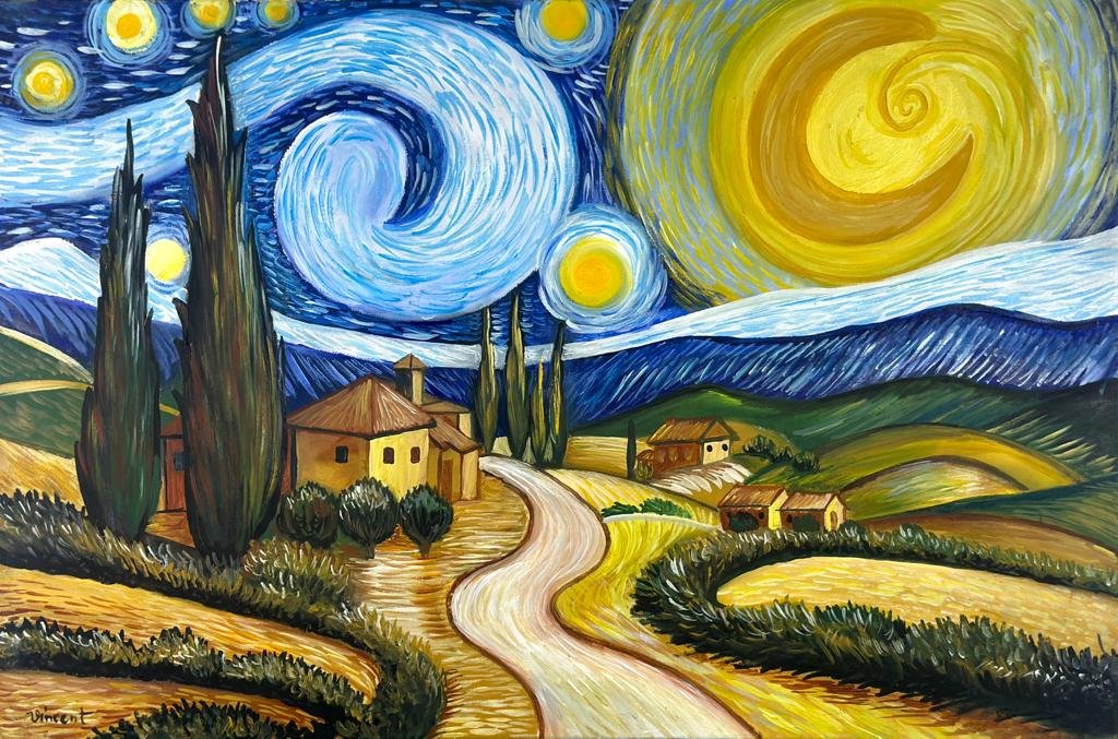Vincent Van Gogh Dutch (Oil on Canvas Painting) in the style of: Rendered in the Post-Impressionist style of Vincent Van Gogh. Technique: Oil on Canvas Painting. Measures: 15.5 x 23.5 Inches. Provenance: Private Collection France."In the style of" means after the a
