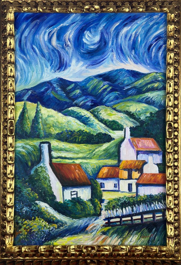 Vincent Van Gogh Dutch (Oil on Canvas Painting) in the style of: Rendered in the Post-Impressionist style of Vincent Van Gogh. Technique: Oil on Canvas Painting. Measures: 15.5 x 23.5 Inches. Provenance: Private Collection France."In the style of" means after the a