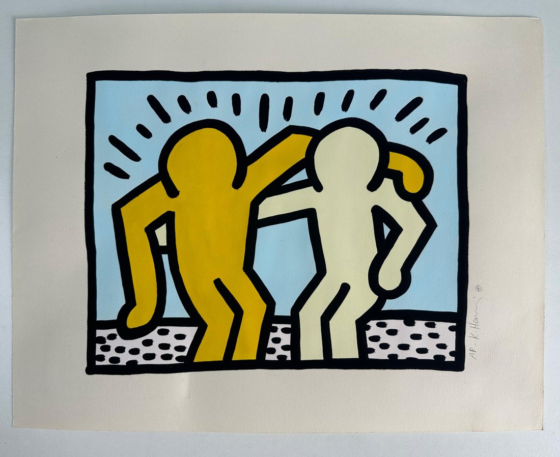 Keith Haring American (Mixed media on Paper Painting) in the style of: Rendered in the style of Keith Haring. Technique: Mixed media on Paper Painting. Measures: 12 3/4 x 16 Inches. Provenance:Private Collection."In the style of" means after the artist. Lived between (Ma