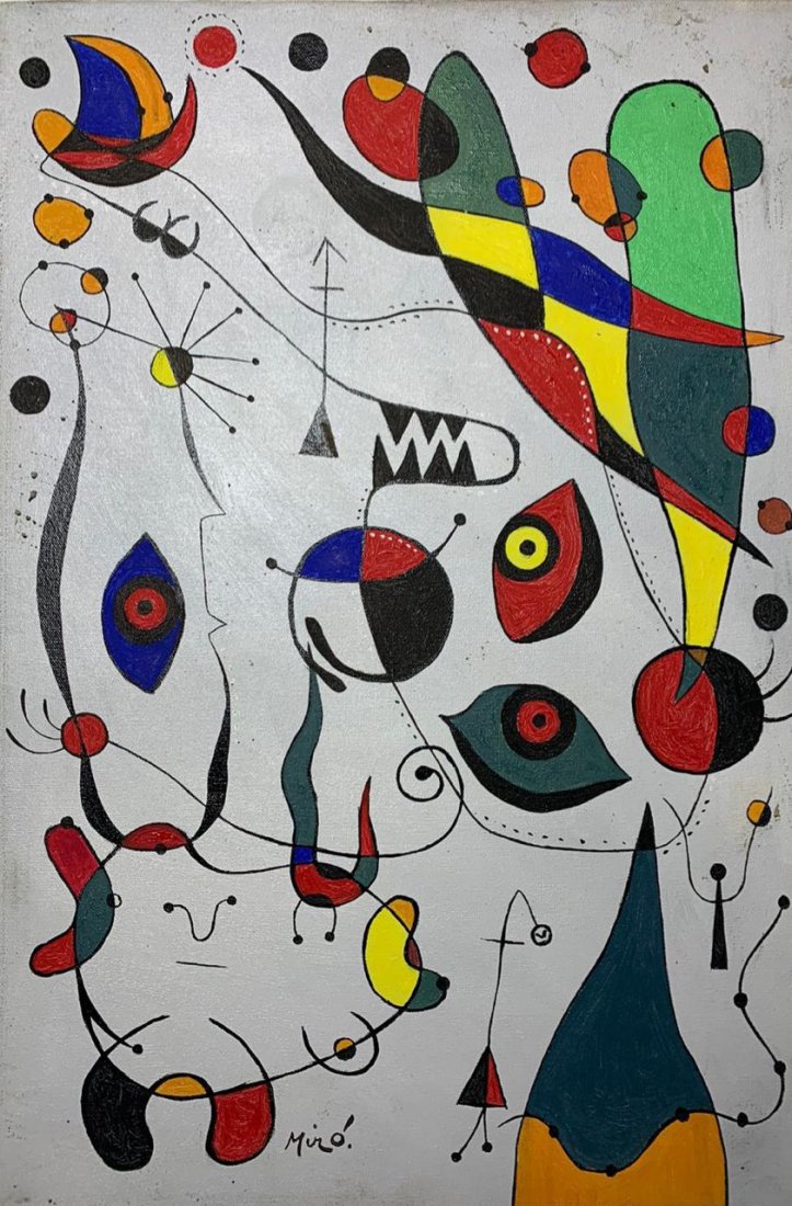 Joan Miro (Oil on Canvas Painting) in the style of: Rendered in the style of Joan Miro. Technique: Oil on Canvas Painting. Measures: 15 x 23 Inches.Provenance: Private Collection. "In the style of" means after the artist.MirÃ³ lived between (20 Apr 1