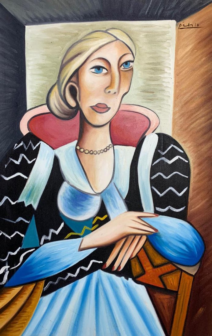 Pablo Picasso Spanish (Oil on Canvas Painting) in the style of: Rendered in the Cubist style of Pablo Picasso. Technique: Oil on Canvas Painting. Measures: 23 1/2 x 15 1/2 Inches. Provenance: Private Collector."In the style of" means after the artist. Picasso live