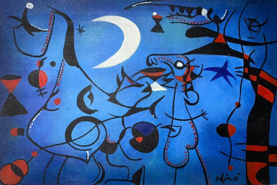Joan Miro (Oil on Canvas Painting) in the style of: Rendered in the style of Joan Miro. Technique: Oil on Canvas Painting. Measures: 15.5 x 23.5 Inches. Provenance: Private Collection. "In the style of" means after the artist. Miro lived between (20 Ap