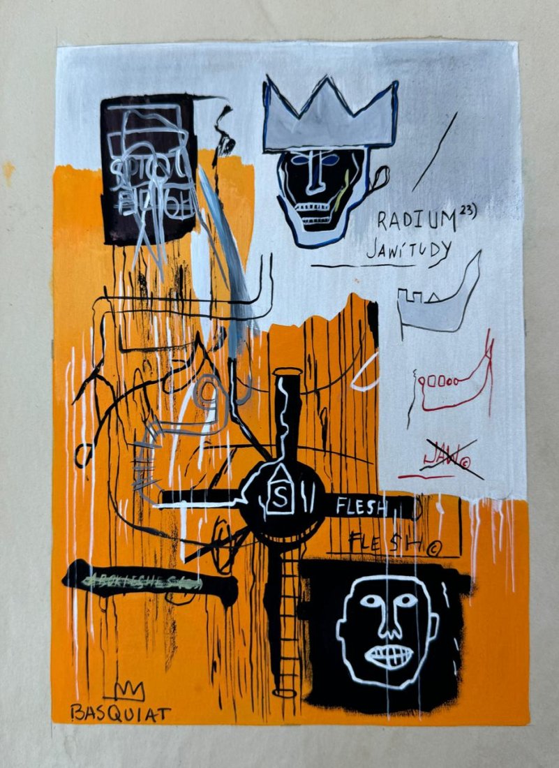 Jean Michel Basquiat (Mixed Media on Paper Painting) in the style of: Rendered in the style of Jean Michel Basquiat. Technique: Mixed Media on Paper Painting. Measures: 11 3/4 x 8 1/2 Inches. "In the style of" means after the artist. Provenance:Private Collection. Lived