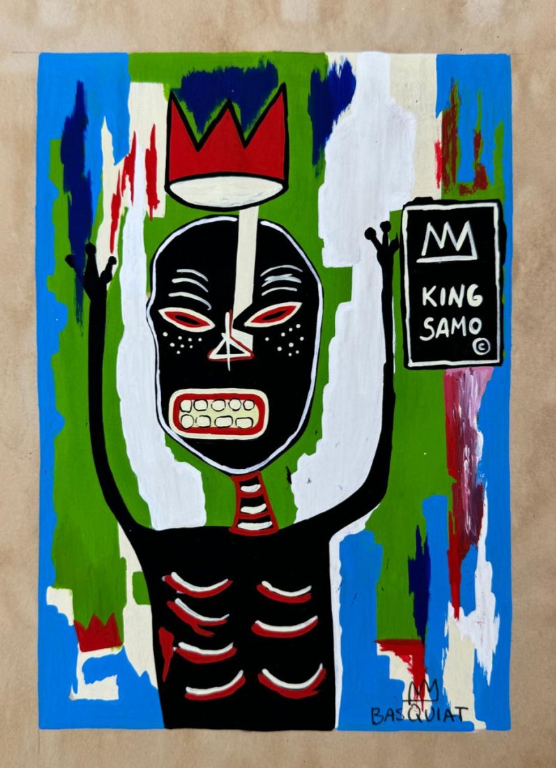 Jean Michel Basquiat (Mixed Media on Paper Painting) in the style of: Rendered in the style of Jean Michel Basquiat. Technique: Mixed Media on Paper Painting. Measures: 11 3/4 x 8 1/2 Inches. "In the style of" means after the artist. Provenance:Private Collection. Lived