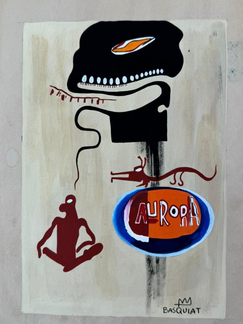 Jean Michel Basquiat (Mixed Media on Paper Painting) in the style of: Rendered in the style of Jean Michel Basquiat. Technique: Mixed Media on Paper Painting. Measures: 11 3/4 x 8 1/2 Inches. "In the style of" means after the artist. Provenance:Private Collection. Lived
