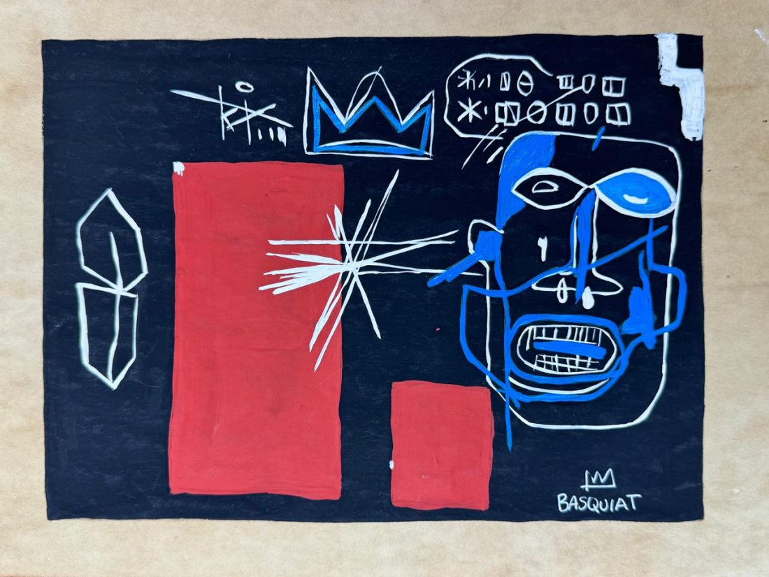 Jean Michel Basquiat (Mixed Media on Paper Painting) in the style of: Rendered in the style of Jean Michel Basquiat. Technique: Mixed Media on Paper Painting. Measures: 11 3/4 x 8 1/2 Inches. "In the style of" means after the artist. Provenance:Private Collection. Lived