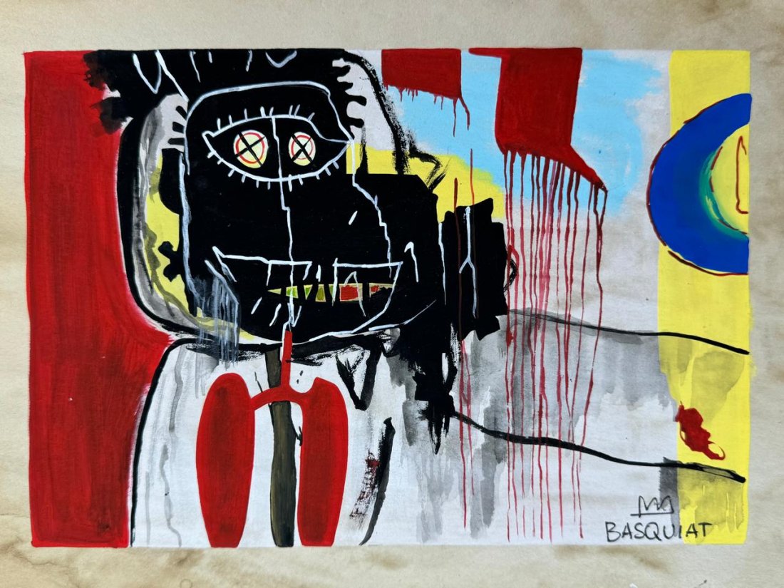 Jean Michel Basquiat (Mixed Media on Paper Painting) in the style of: Rendered in the style of Jean Michel Basquiat. Technique: Mixed Media on Paper Painting. Measures: 11 3/4 x 8 1/2 Inches. "In the style of" means after the artist. Provenance:Private Collection. Lived