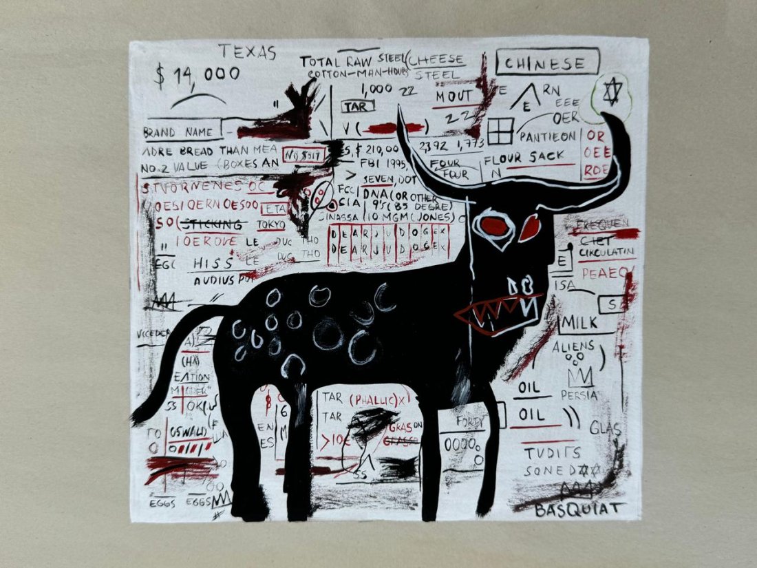 Jean Michel Basquiat (Mixed Media on Paper Painting) in the style of: Rendered in the style of Jean Michel Basquiat. Technique: Mixed Media on Paper Painting. Measures: 11 3/4 x 8 1/2 Inches. "In the style of" means after the artist. Provenance:Private Collection. Lived