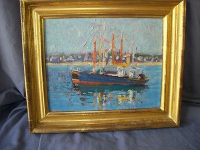 Michael Davis Two Daggers: Oil on board 2 fishing boats 7&1/2" x 9&1/2" without framing 10&3/4" x 12&3/4" with framing