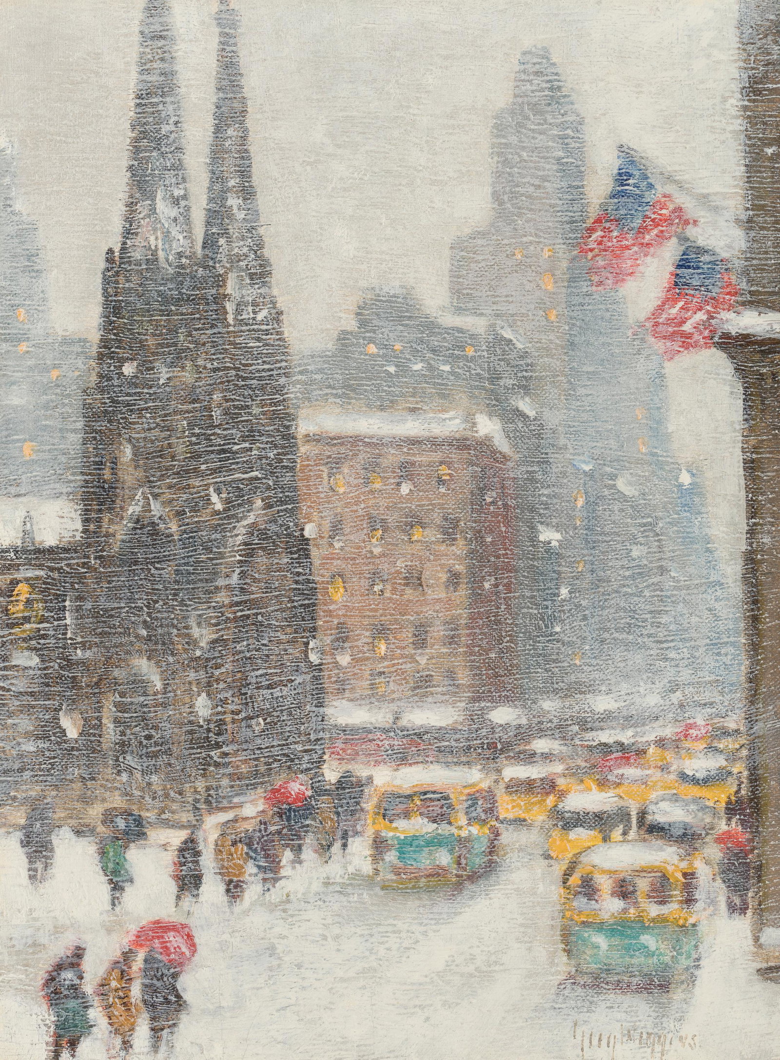 Guy Carleton Wiggins (1883 - 1962) Winter 5th Avenue at St. Patrick's: Guy Carleton Wiggins (1883 - 1962) Winter 5th Avenue at St. Patrick's oil on canvas board 12 x 9 inches 18.5 x 15 inches (frame) Signed Lower Right: Guy Wiggins PROVENANCE Private Collection, Dallas,