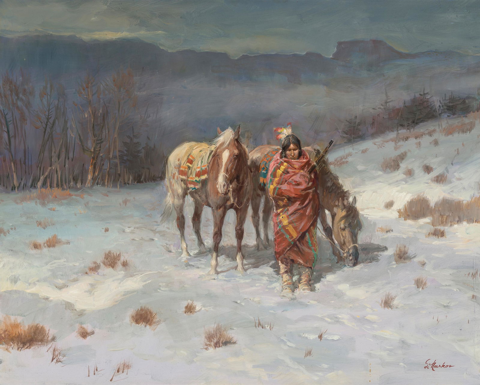 Lajos Markos (1917 - 1993) The Scout: Lajos Markos (1917 - 1993) The Scout oil on board 16 x 20 inches 24.5 x 28.5 inches (frame) Signed Lower Right: L Markos PROVENANCE Private Collection, Norman, Oklahoma