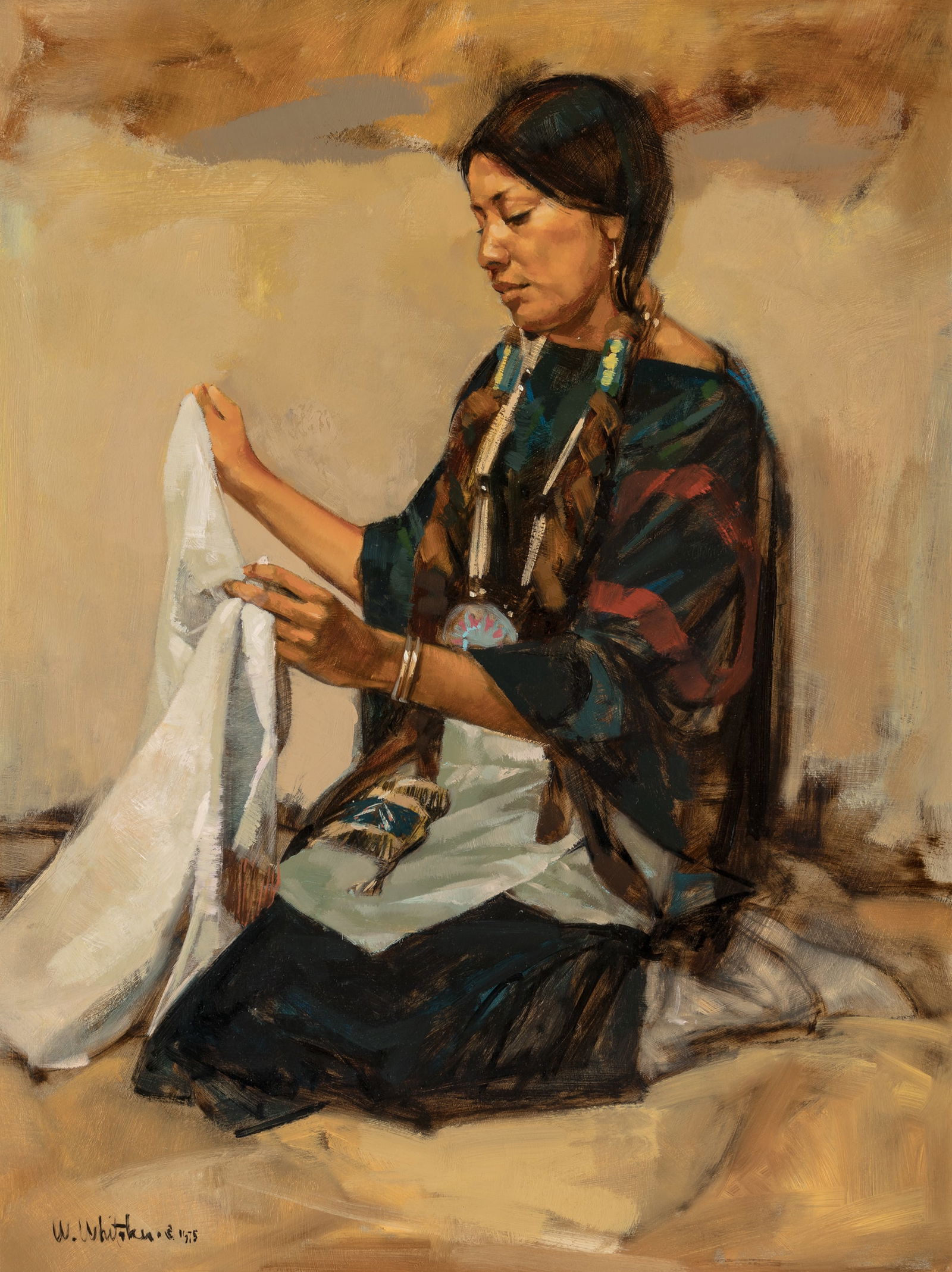 William Whitaker (1943 - 2018) Comanche Dress, 1975: William Whitaker (1943 - 2018) Comanche Dress, 1975 oil on board 24 x 18 inches 31 x 25 inches (frame) signed lower left: W. Whitaker 1975 PROVENANCE Private Collection, Norman, Oklahoma