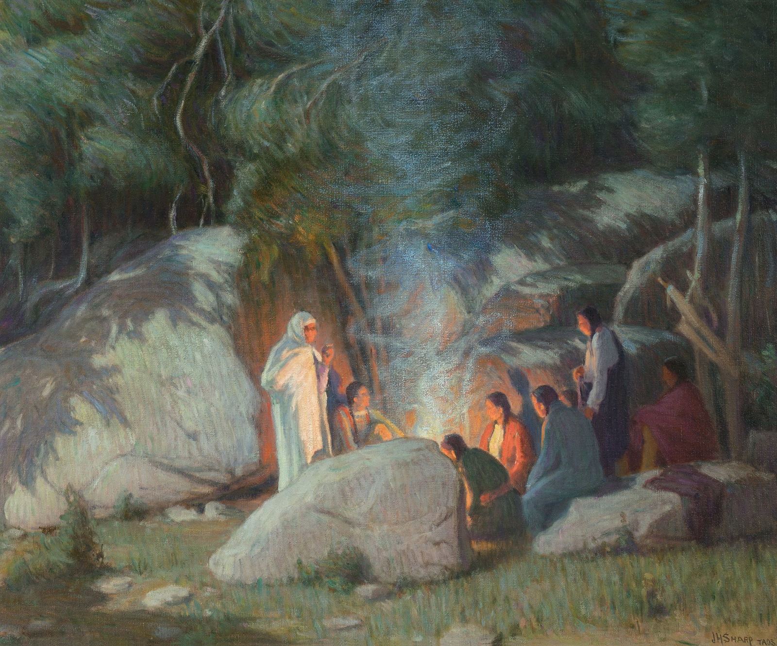 Joseph Henry Sharp (1859 - 1953) Evening Council: Joseph Henry Sharp (1859 - 1953) Evening Council oil on canvas 25.25 x 30.25 inches 35.5 x 39.5 inches (frame) signed lower right: J H Sharp Taos verso: label, Owings Dewey Fine Art, Santa Fe, New Mex