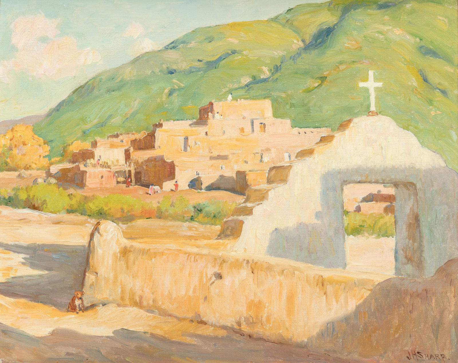 Joseph Henry Sharp (1859 - 1953) San Geronimo - Taos: Joseph Henry Sharp (1859 - 1953) San Geronimo - Taos oil on canvas 16 x 20 inches 22 x 26 inches (frame) signed lower right: J H Sharp verso: label, Fenn Galleries, Santa Fe, New Mexico; label, The Ow