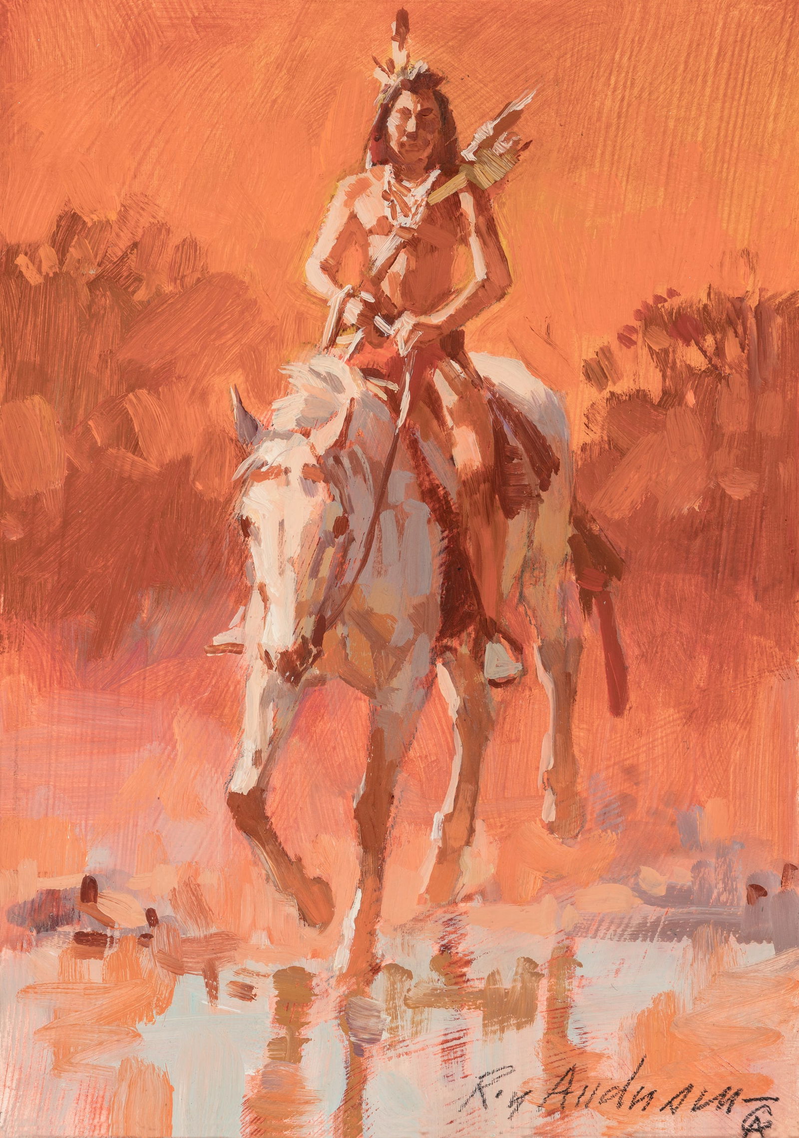 Roy Andersen (1930 - 2019) Indian on White Horse: Roy Andersen (1930 - 2019) Indian on White Horse oil on panel 7 x 4.875 inches 12 x 10 inches (frame) signed lower right: Roy Andersen CA verso: label, Texas Art Gallery, Dallas, Texas PROVENANCE Priv