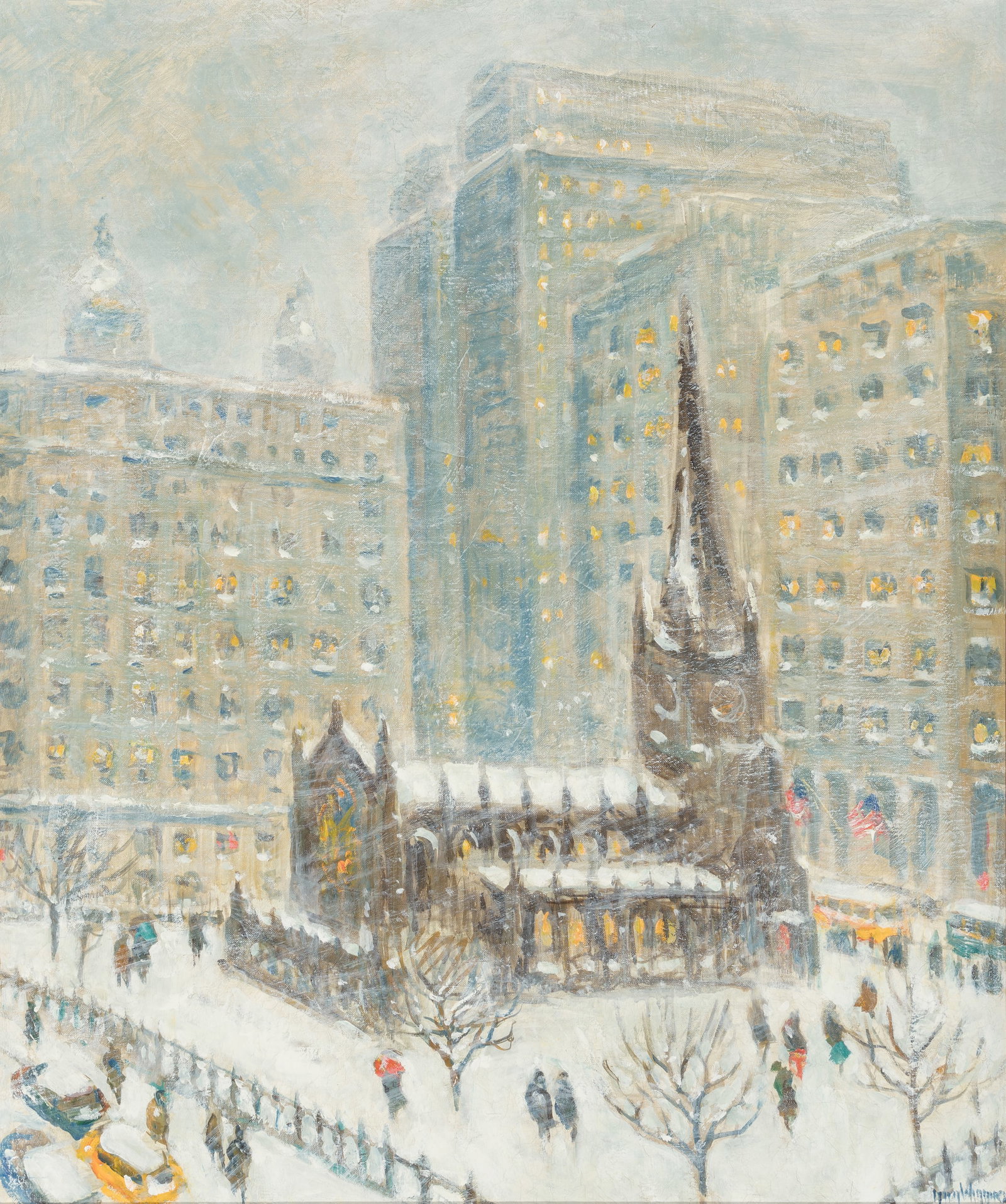 Guy Carleton Wiggins (1883 - 1962) The Wall Street District Winter (Old Trinity Church), 1961: Guy Carleton Wiggins (1883 - 1962) The Wall Street District Winter (Old Trinity Church), 1961 oil on canvas 30 x 25 inches 36.75 x 31.75 inches (frame) signed lower right: Guy Wiggins verso: titled, s