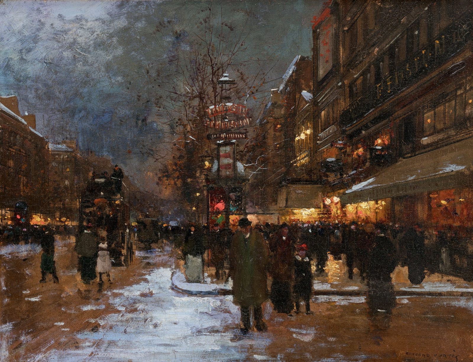 Edouard Leon Cortes (1882 - 1969) Theatre de Varietes, c. 1905: Edouard Leon Cortes (1882 - 1969) Theatre de Varietes, c. 1905 oil on canvas 20 x 26 inches 29.75 x 35.25 inches (frame) signed lower right: Edouard Cortes verso: Certificate of Authenticity from Klei