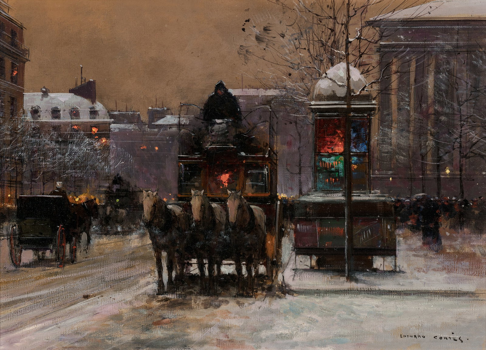 Edouard Leon Cortes (1882 - 1969) Place de la Madeleine in Winter, c. 1908: Edouard Leon Cortes (1882 - 1969) Place de la Madeleine in Winter, c. 1908 oil on canvas 13 x 18 inches 22.5 x 27.5 inches (frame) signed lower right: Edouard Cortes verso: stamp, Certificate of Authe