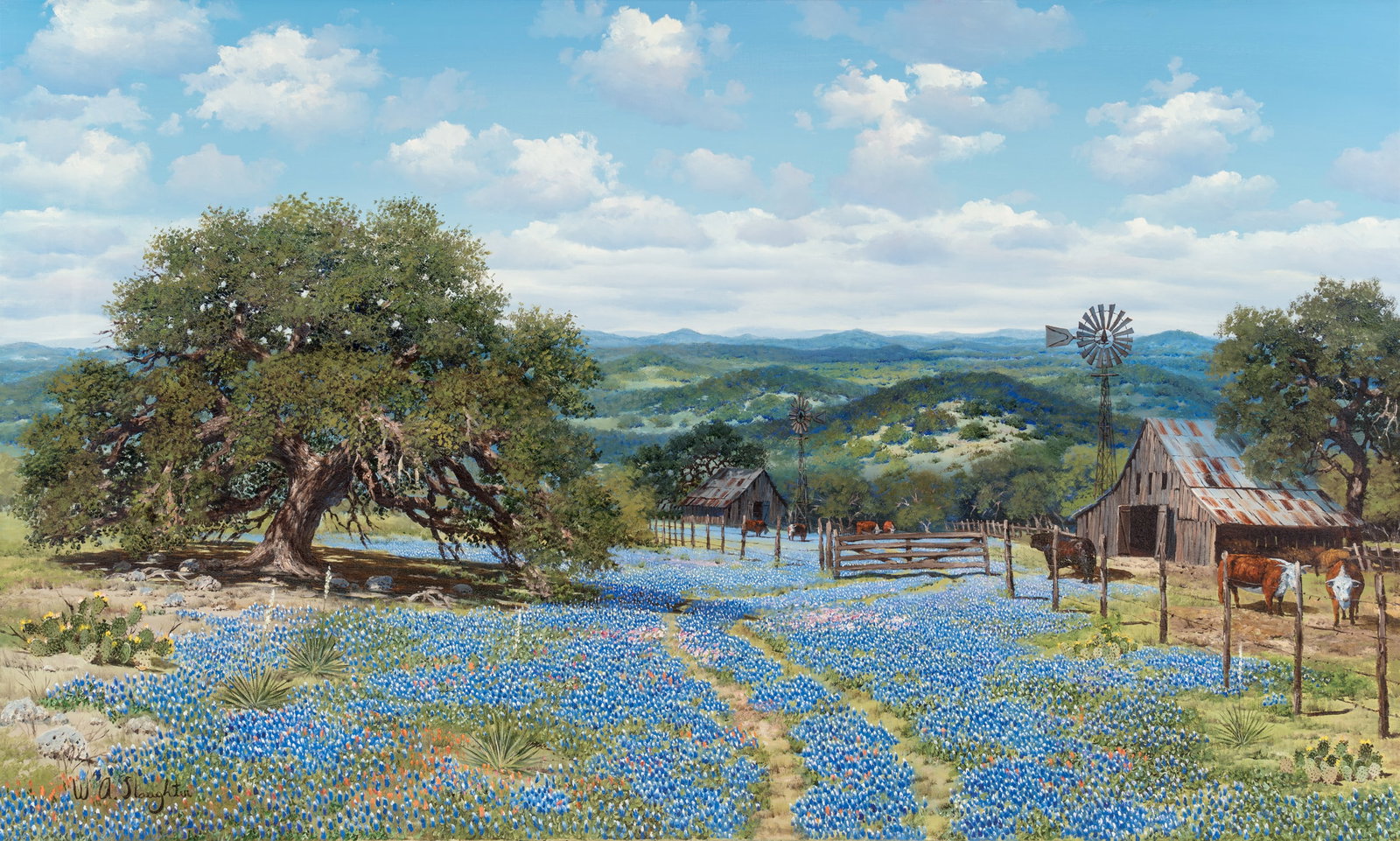 William Slaughter (1923 - 2003) Texas Bluebonnet Vista: William Slaughter (1923 - 2003) Texas Bluebonnet Vista oil on canvas 36 x 60 inches 49.5 x 73 inches (frame) signed lower left: W A. Slaughter William Slaughter was a Texas artist whose landscapes, es
