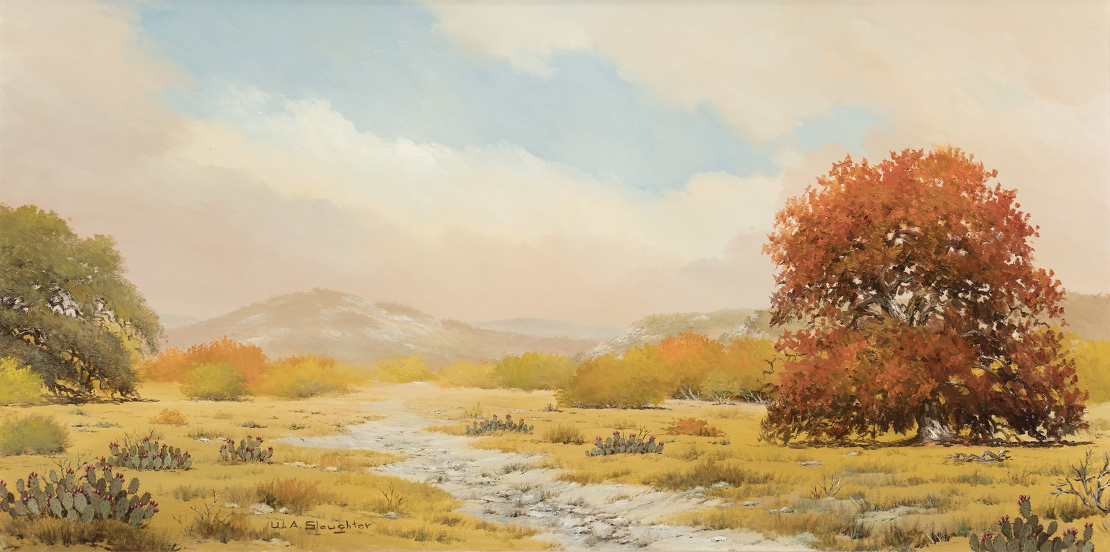 William Slaughter (1923 - 2003) Hill Country Autumn: William Slaughter (1923 - 2003) Hill Country Autumn oil on canvas 24 x 48 inches 32.5 x 56.25 inches (frame) signed lower center left: W.A. Slaughter PROVENANCE Private Collection, Dallas, Texas