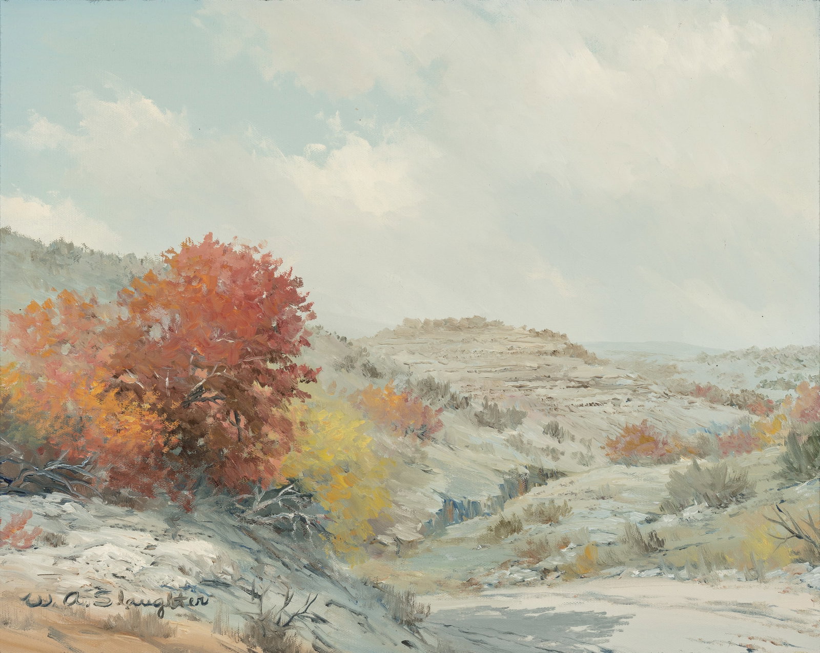 William Slaughter (1923 - 2003) Fall Hill Country Landscape: William Slaughter (1923 - 2003) Fall Hill Country Landscape oil on canvas 16 x 20 inches 24.5 x 28.5 inches (frame) signed lower left: W.A. Slaughter PROVENANCE Private Collection, Farmers Branch, Tex