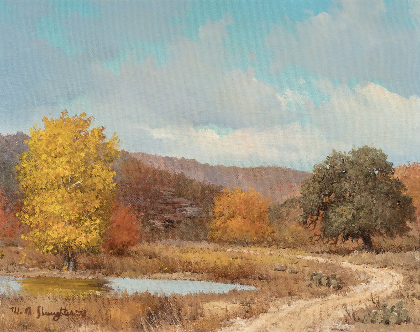 William Slaughter (1923 - 2003) Fall - Hill Country, 1972: William Slaughter (1923 - 2003) Fall - Hill Country, 1972 oil on canvas 11 x 14 inches 15.25 x 18.25 inches (frame) signed lower left: W. A. Slaughter '72 PROVENANCE Private Collection, Duncanville, T