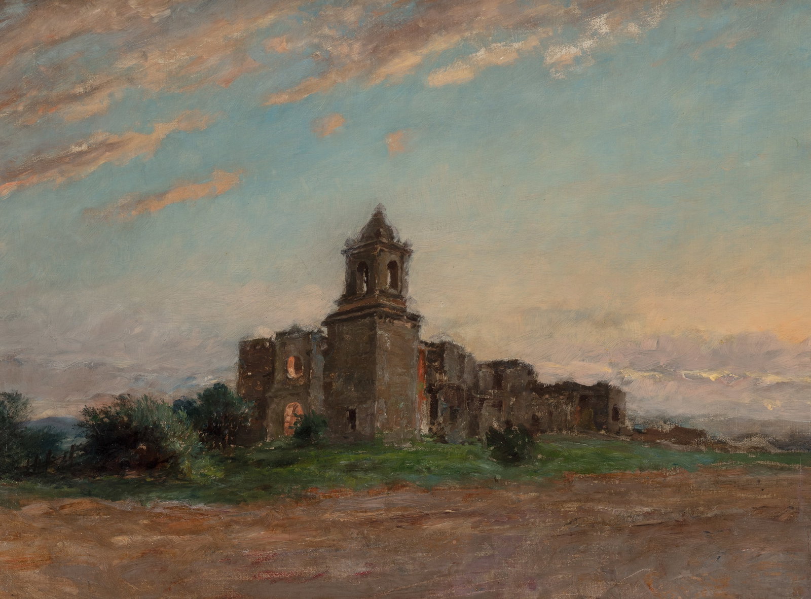 Richard Zschaebitz (1860-1912) Dusk at Mission de San Jose, San Antonio, 1905: Richard Zschaebitz (1860-1912) Dusk at Mission de San Jose, San Antonio, 1905 oil on board 18 x 24 inches 24.5 x 30.5 inches (frame) unsigned PROVENANCE Private Collection, Fredericksburg, Texas