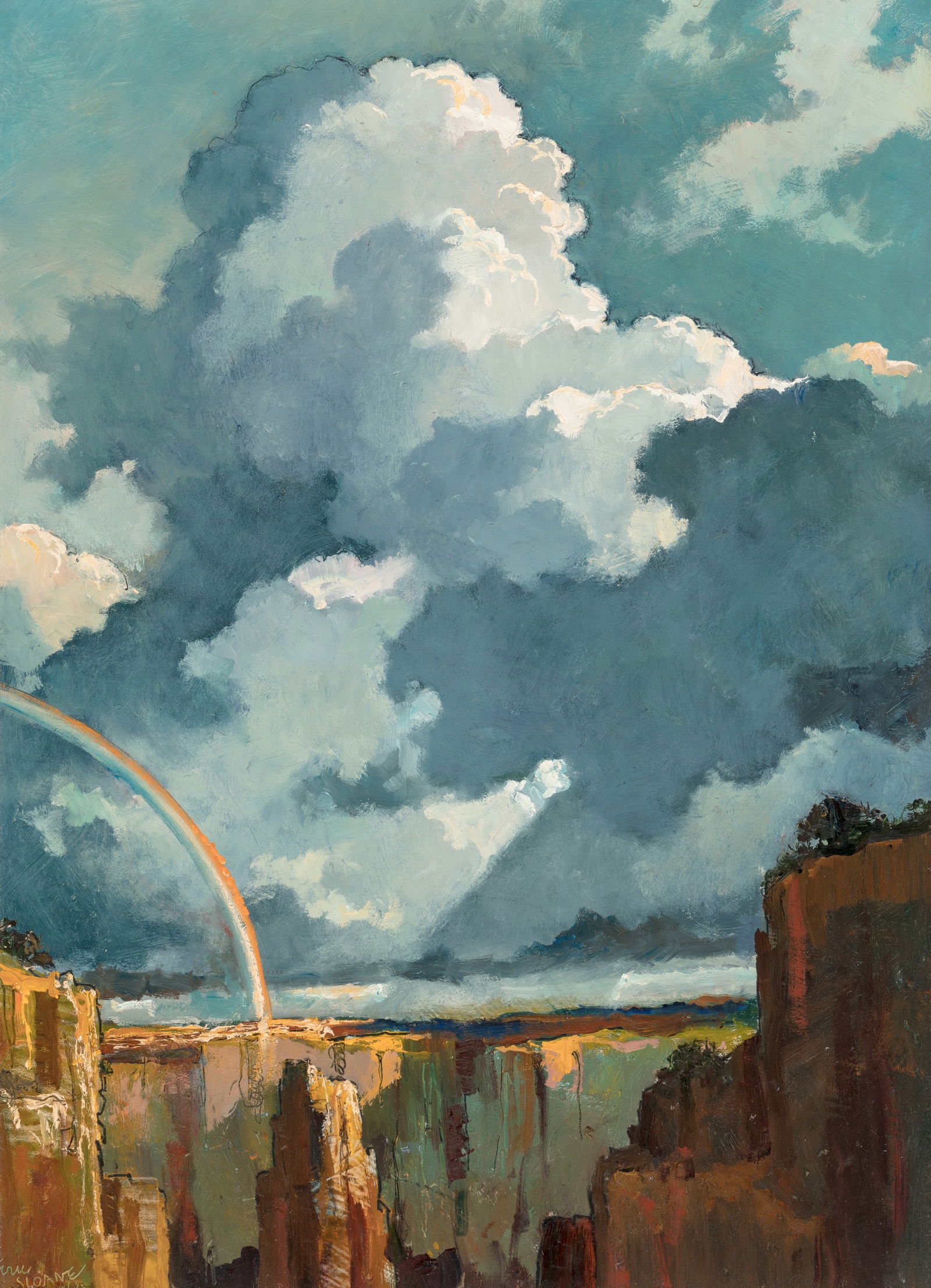 Eric Sloane (1905-1985) Canyon Rainbow, 1984: Eric Sloane (1905-1985) Canyon Rainbow, 1984 oil on board 20 x 14 inches 27.5 x 22 inches (frame) signed lower left: Eric Sloane NA verso: titled, signed and dated; note: Fenn Gallery, Santa Fe PROVEN