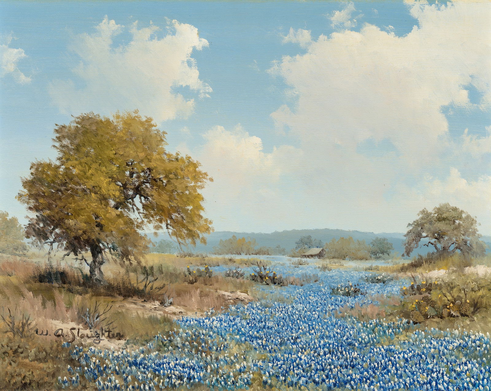 William Slaughter (1923-2003) Bluebonnets with Blooming Cactus: William Slaughter (1923-2003) Bluebonnets with Blooming Cactus oil on canvas 16 x 20 inches 23 x 27 inches (frame) signed lower left: W.A. Slaughter PROVENANCE Private Collection, Duncanville, Texas