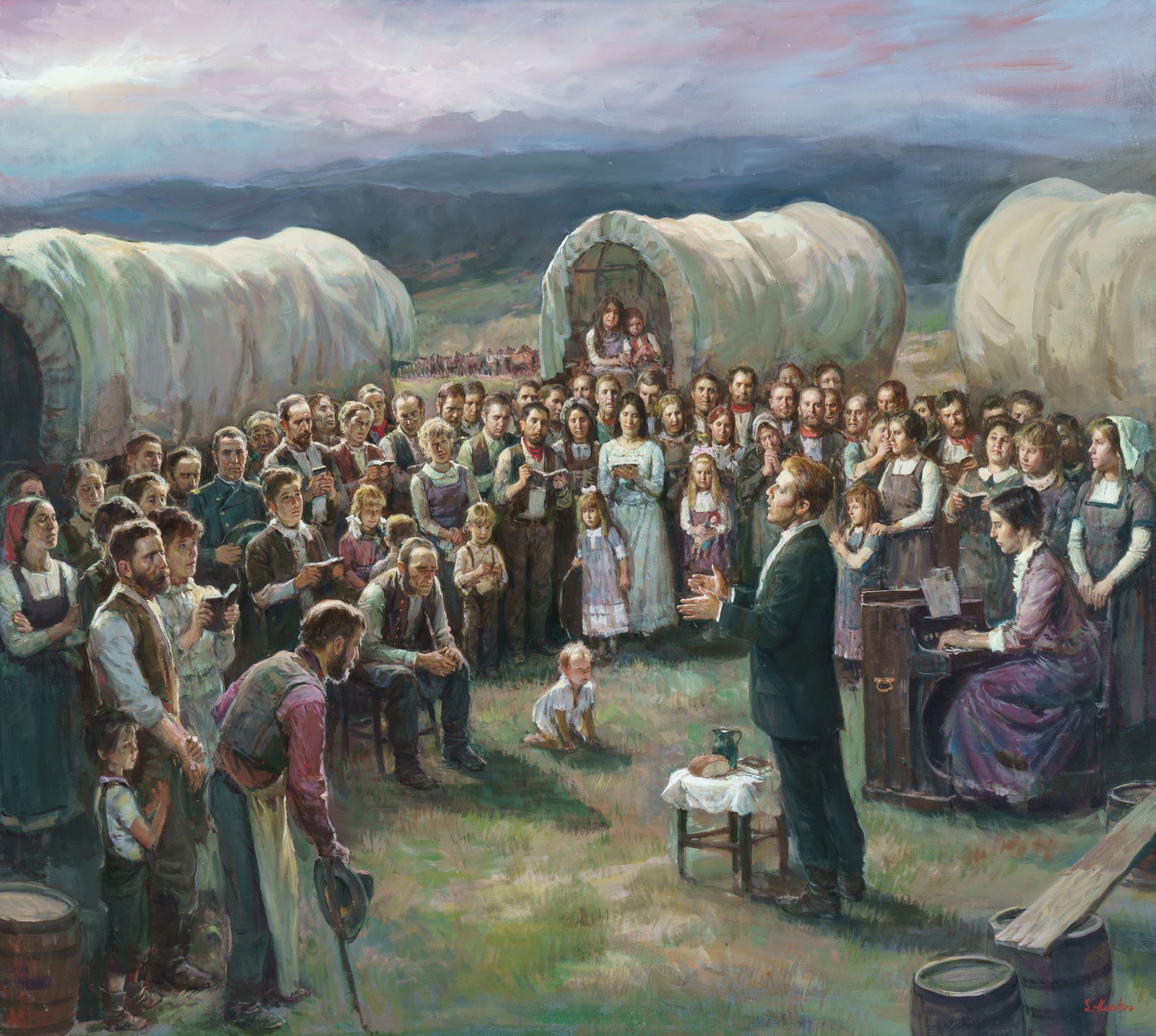 Lajos Markos (1917-1993) Frontier Communion: Lajos Markos (1917-1993) Frontier Communion oil on canvas 36 x 40 inches 44 x 48 inches (frame) signed lower right: L. Markos A European, Lajos Markos was trained at the Royal Academy of Budapest. He