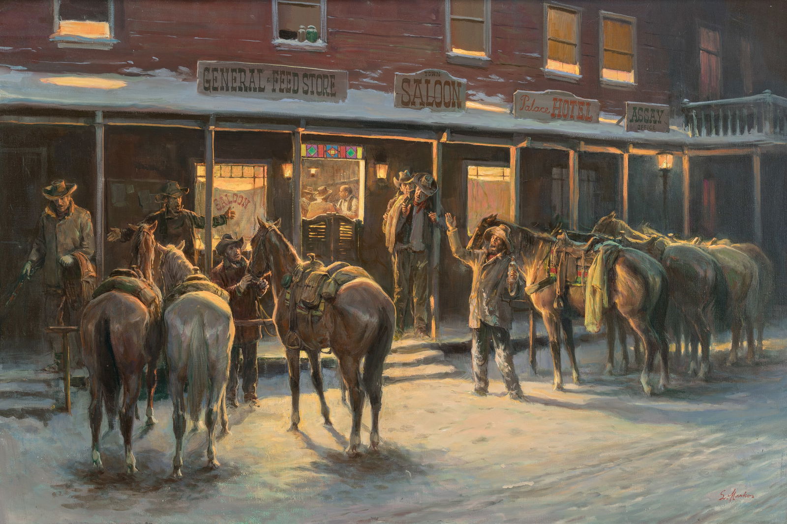 Lajos Markos (1917-1993) Old Jake: Lajos Markos (1917-1993) Old Jake oil on canvas 24 x 36 inches 32 x 44 inches (frame) signed lower right: L. Markos verso: label, Rainone Galleries, Arlington, Texas PROVENANCE Private Collection, Fri