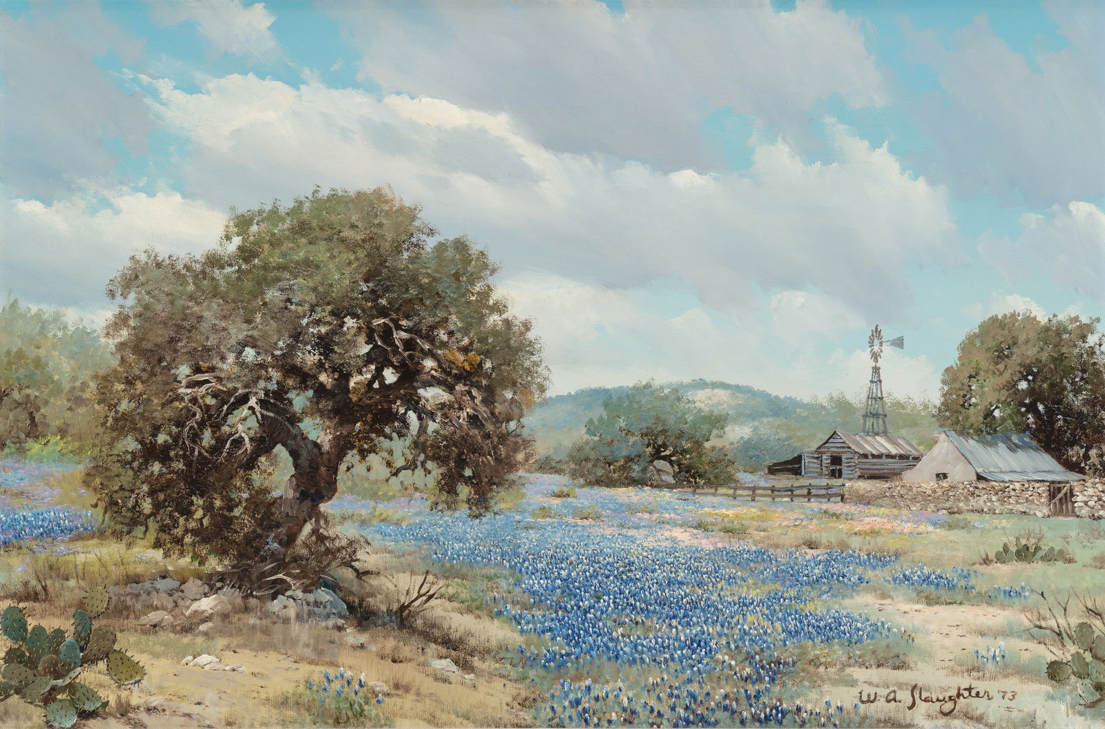 William Slaughter (1923-2003) Bluebonnet Landscape with Windmill, 1973: William Slaughter (1923-2003) Bluebonnet Landscape with Windmill, 1973 oil on canvas 24 x 36 inches 31 x 43 inches (frame) signed lower right: W.A. Slaughter '73 William Slaughter was born in San Anto