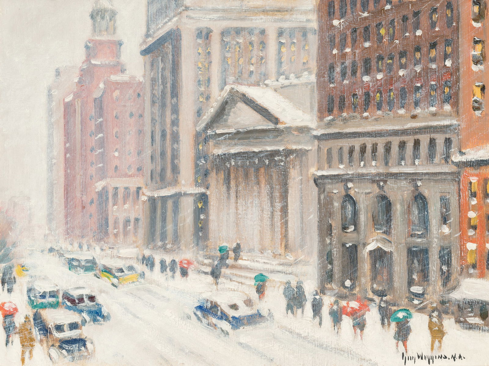 Guy Carleton Wiggins (1883-1962) The Stock Exchange, c. 1950: Guy Carleton Wiggins (1883-1962) The Stock Exchange, c. 1950 oil on canvasboard 12 x 16 inches 17.75 x 21.75 inches (frame) signed lower right: Guy Wiggins N.A. verso: labels, Fisher Galleries, Washin