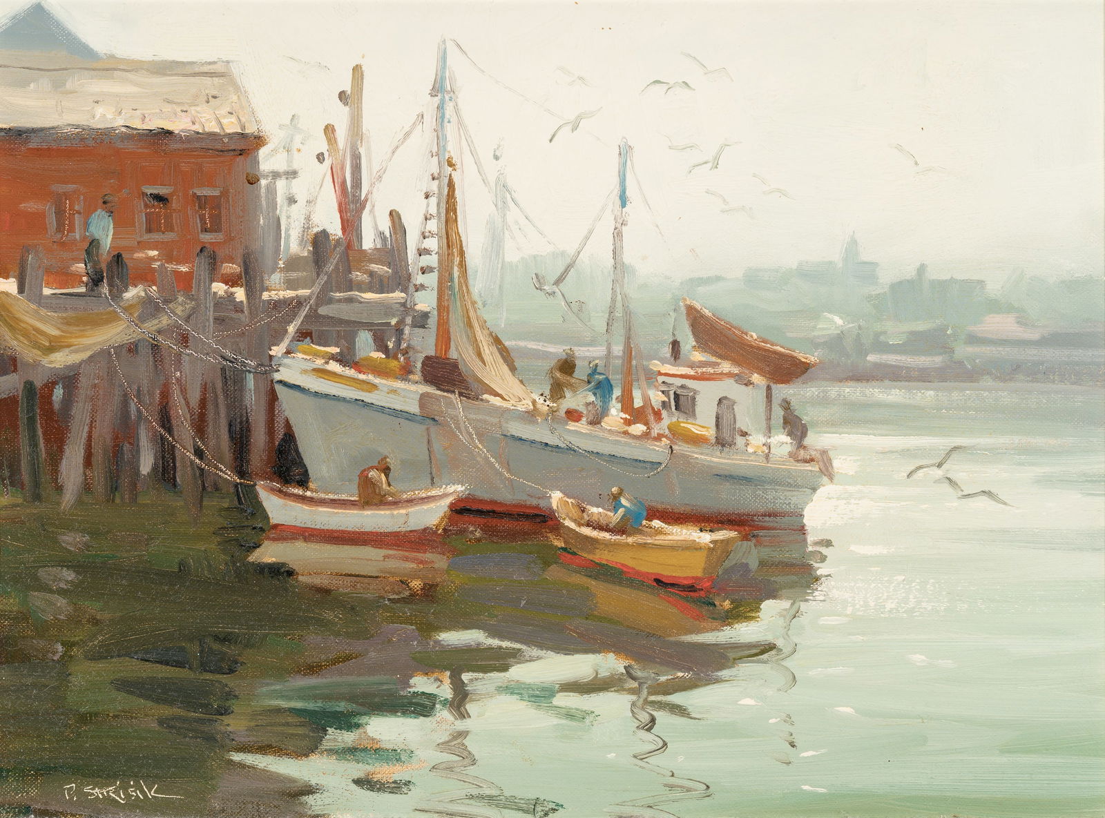 Paul Strisik (1918-1998) Gloucester: Paul Strisik (1918-1998) Gloucester oil on board 12 x 16 inches 19.25 x 23.25 inches (frame) signed lower left: P. Strisik verso: signed PROVENANCE Dr. Robert Bass Collection, Dallas, Texas