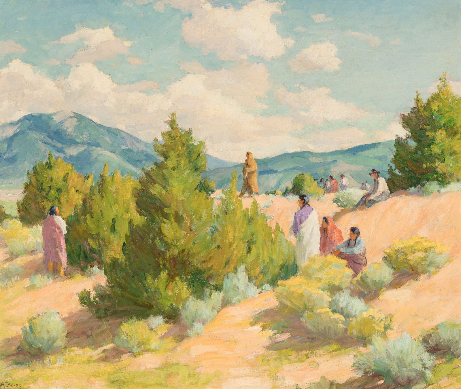 Joseph Henry Sharp (1859-1953) Ditch Workers, Taos, N. Mex (Taos Siesta), 1931: Joseph Henry Sharp (1859-1953) Ditch Workers, Taos, N. Mex (Taos Siesta), 1931 oil on canvas 20 x 24 inches 34 x 37 inches (frame) signed lower left: J H Sharp verso: titled, signed and dated; inscrib