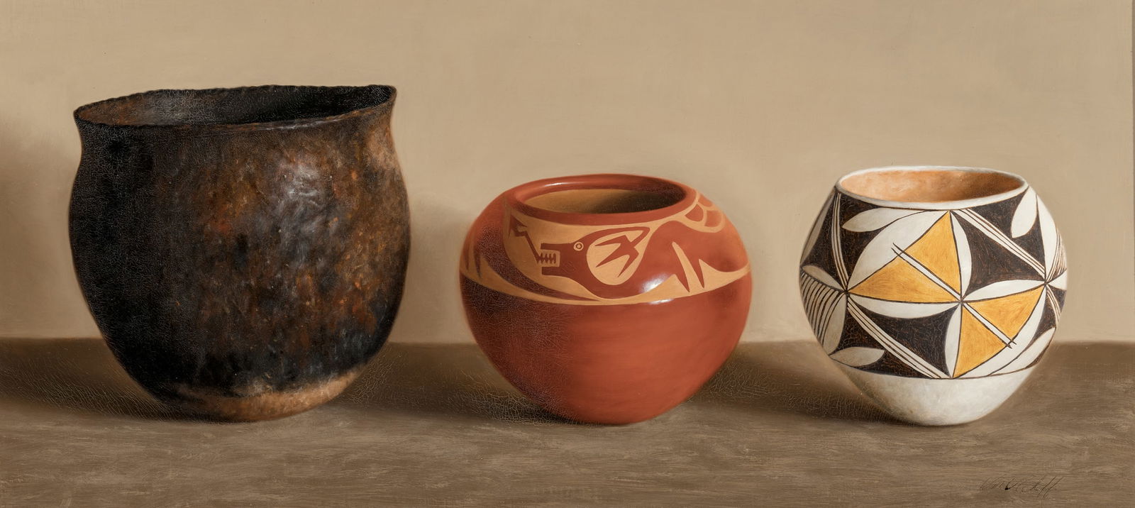 William Acheff (b. 1947) Acoma, San Ildefonso, Taos: William Acheff (b. 1947) Acoma, San Ildefonso, Taos oil on canvas 10 x 22 inches 14.5 x 26.5 inches (frame) signed lower right: Wm. Acheff verso: titled, signed, and dated PROVENANCE Private Collectio