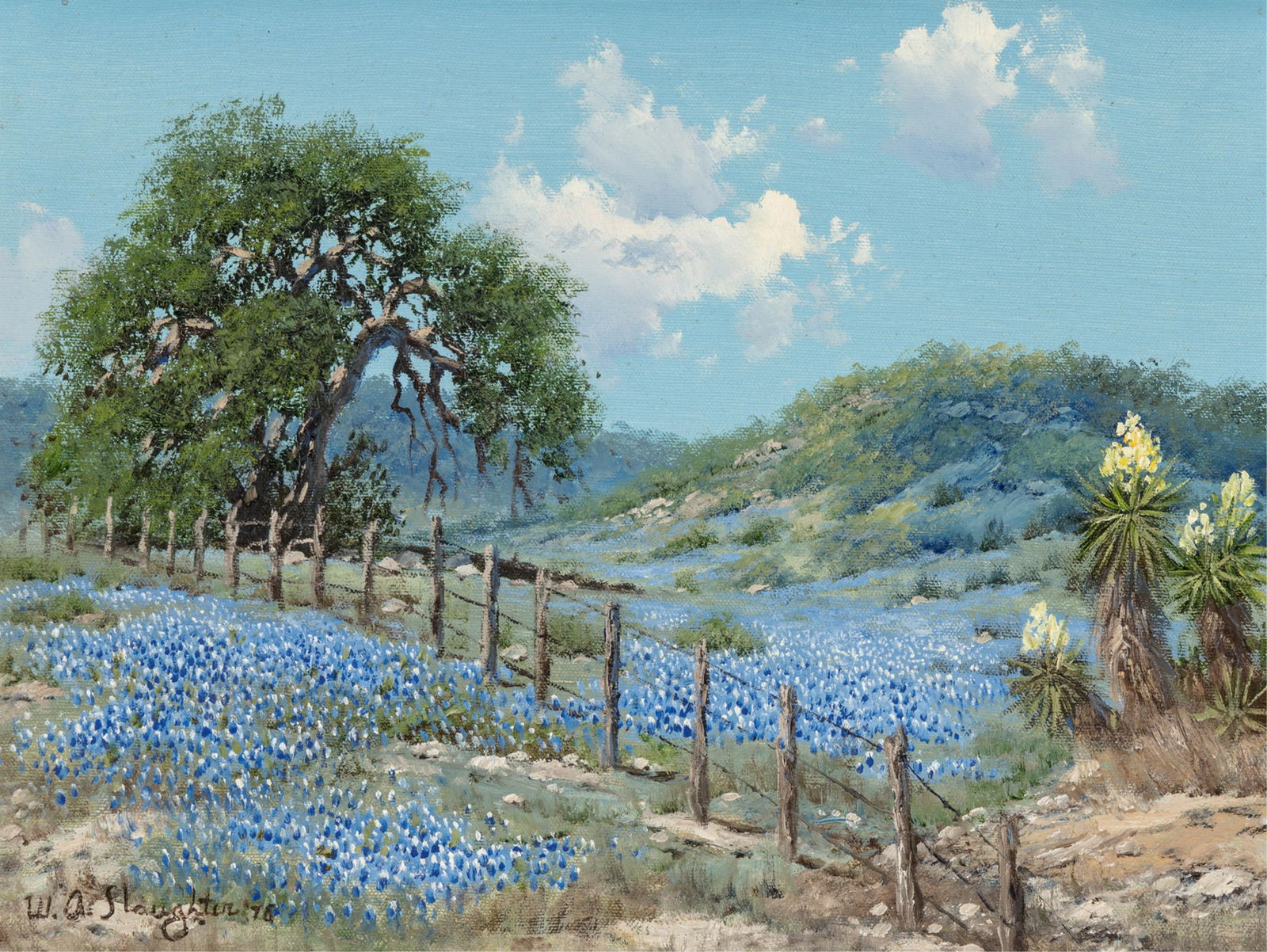William Slaughter (1923-2003), Bluebonnets and Fence, 1978: William Slaughter(1923-2003)Bluebonnets and Fence, 1978oil on canvassigned lower left: W.A. Slaughter '78verso: inscribed, "Best wishes--here's a piece of Texas for you. W.A. Slaughter signed '96"; la