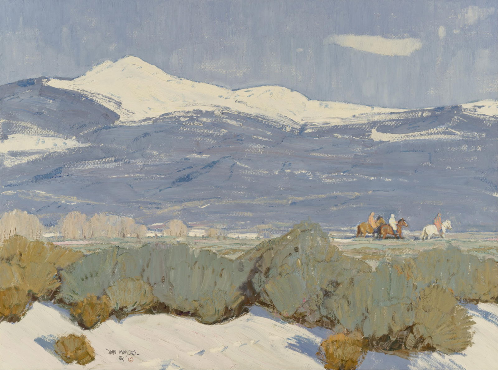 John Moyers (b. 1958), January in Taos, 2000: John Moyers(b. 1958)January in Taos, 2000oil on canvassigned lower left: John Moyers CA ?verso: titled, dated; label, Altermann Galleries, Dallas, Houston, Santa Fe30 x 40 inches; 38.25 x 48.25 inches