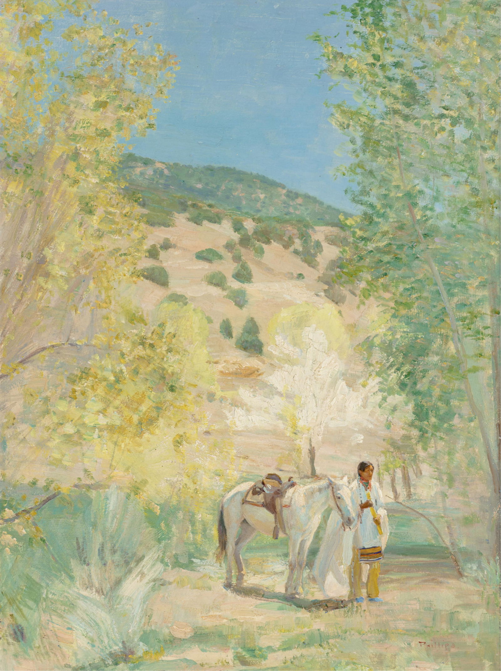 Bert Geer Phillips (1868-1956), Taos Indian with Pony: Bert Geer Phillips(1868-1956)Taos Indian with Ponyoil on boardsigned lower right: Phillipsverso: label, Zaplin Lampert Gallery, Santa Fe, New Mexico27.375 x 21.75 inches; 34.5 x 27.75 inches (frame) <