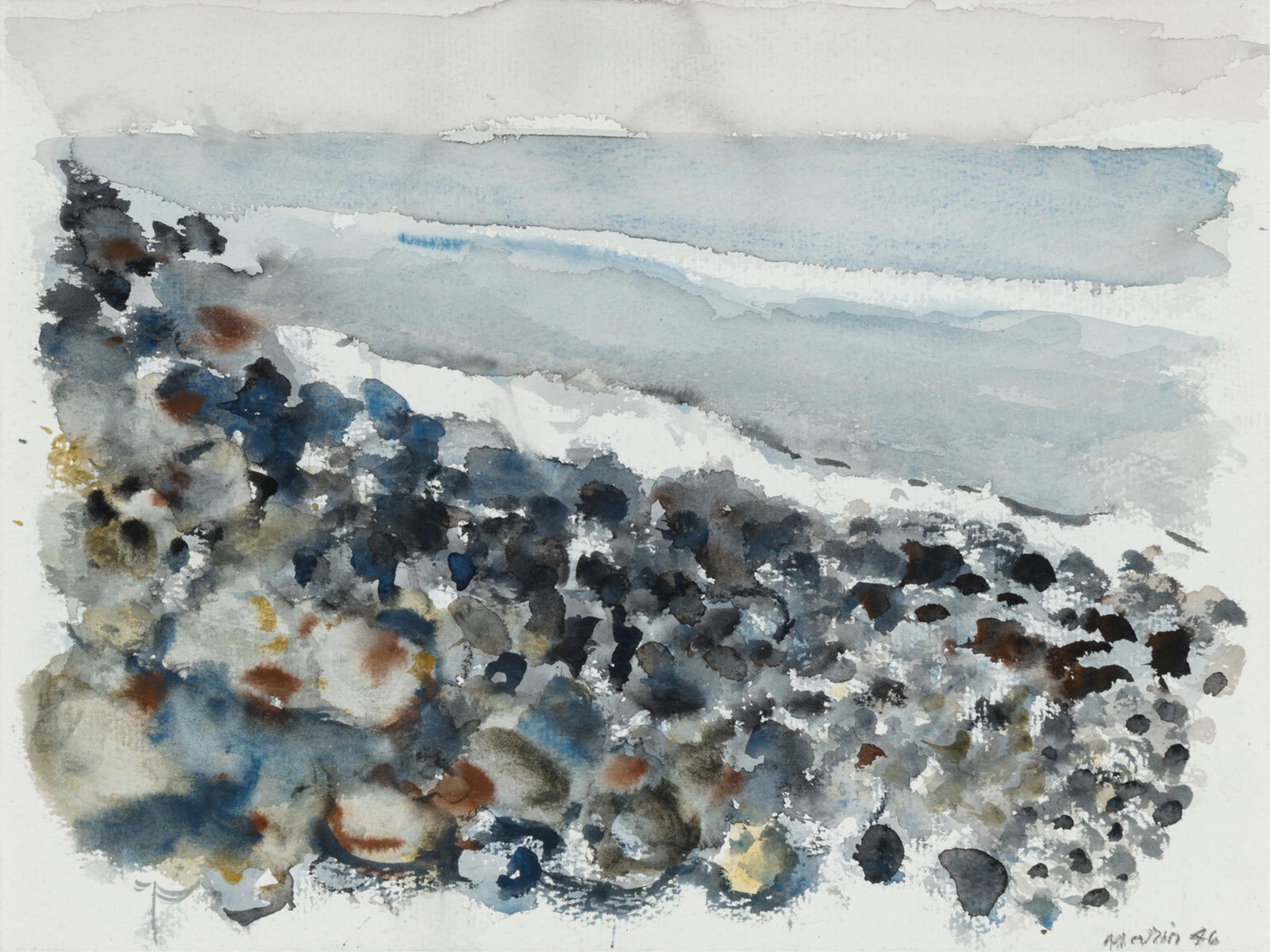 John Marin (1870-1953), Beach, Rock, and Sea, Maine, 1946: John Marin(1870-1953)Beach, Rock, and Sea, Maine, 1946watercolor on papersigned lower right: Marin 46verso: labels, The Downtown Gallery, New York; Kennedy Galleries, New York; Meredith Long & Company