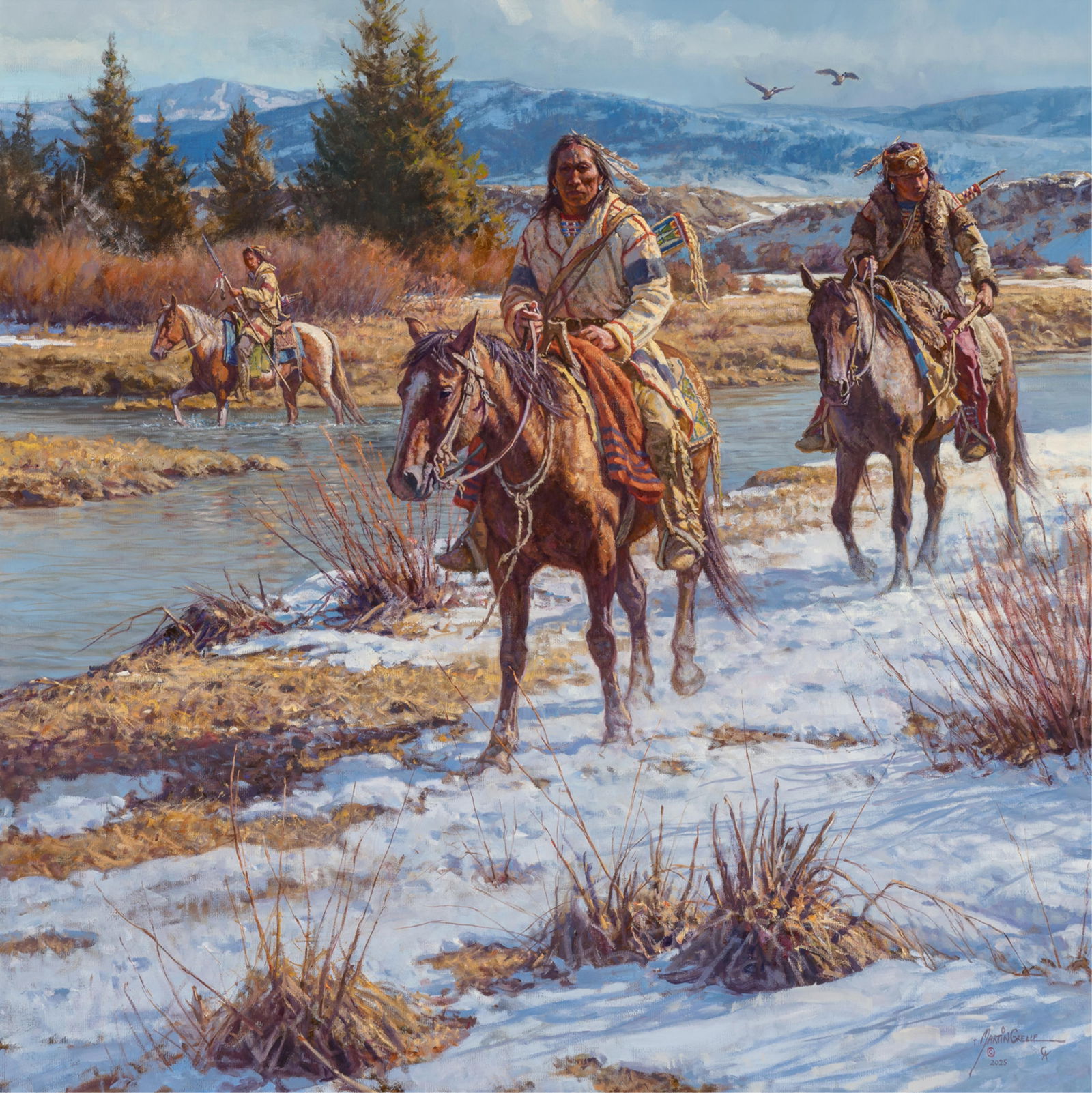 Martin Grelle (b. 1954), Trackers at Blacktail Ponds, 2025: Martin Grelle(b. 1954)Trackers at Blacktail Ponds, 2025oil on linensigned lower right: Martin Grelle CA 2025verso: signed, titled, dated36 x 36 inches; 45 x 45 inches (frame) Provenance: P