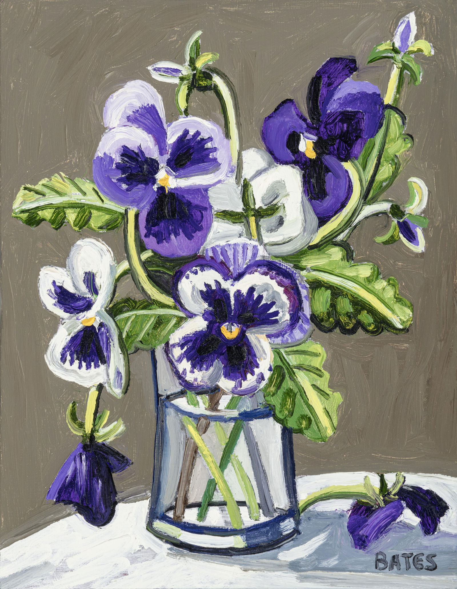 David Bates (b. 1952), Purple Violets, 2012: David Bates(b. 1952)Purple Violets, 2012oil on canvassigned lower right: Batesverso: signed, titled, dated; labels, Betty Cunningham Gallery, New York; Talley Dunn Gallery, Dallas, Texas14 x 11 inches