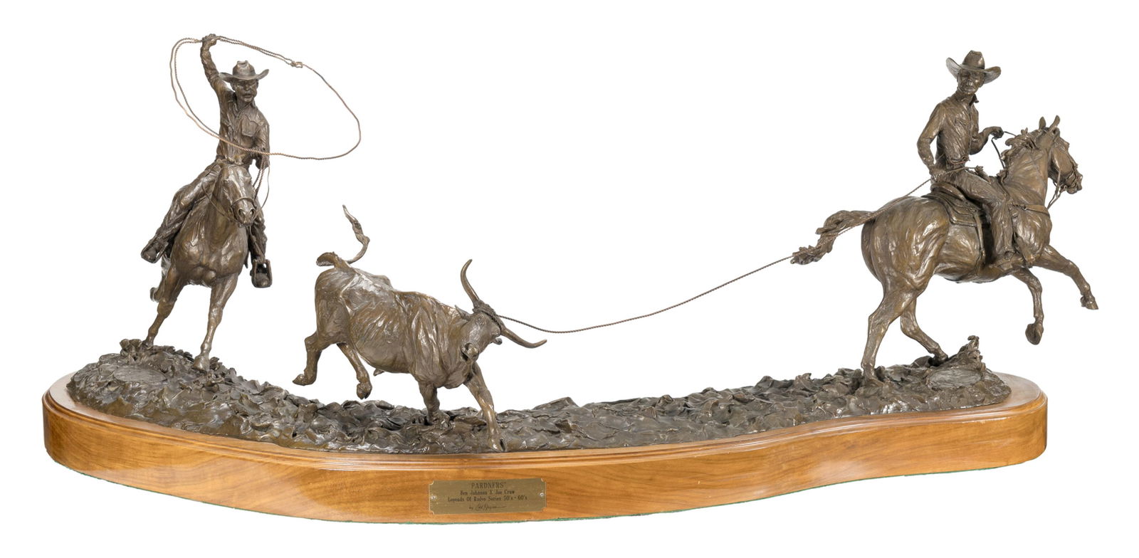 Edd Hayes (b. 1945), Pardners: Ben Johnson & Joe Crow (Legends of Rodeo Series 50's-60's), 1990: Edd Hayes(b. 1945)Pardners: Ben Johnson & Joe Crow (Legends of Rodeo Series 50's-60's), 1990bronze, 15/20inscribed: Edd Hayes ? 1990, 15/20 boxed heart; Ben Johnson and Joe Crow inscribed signatures18
