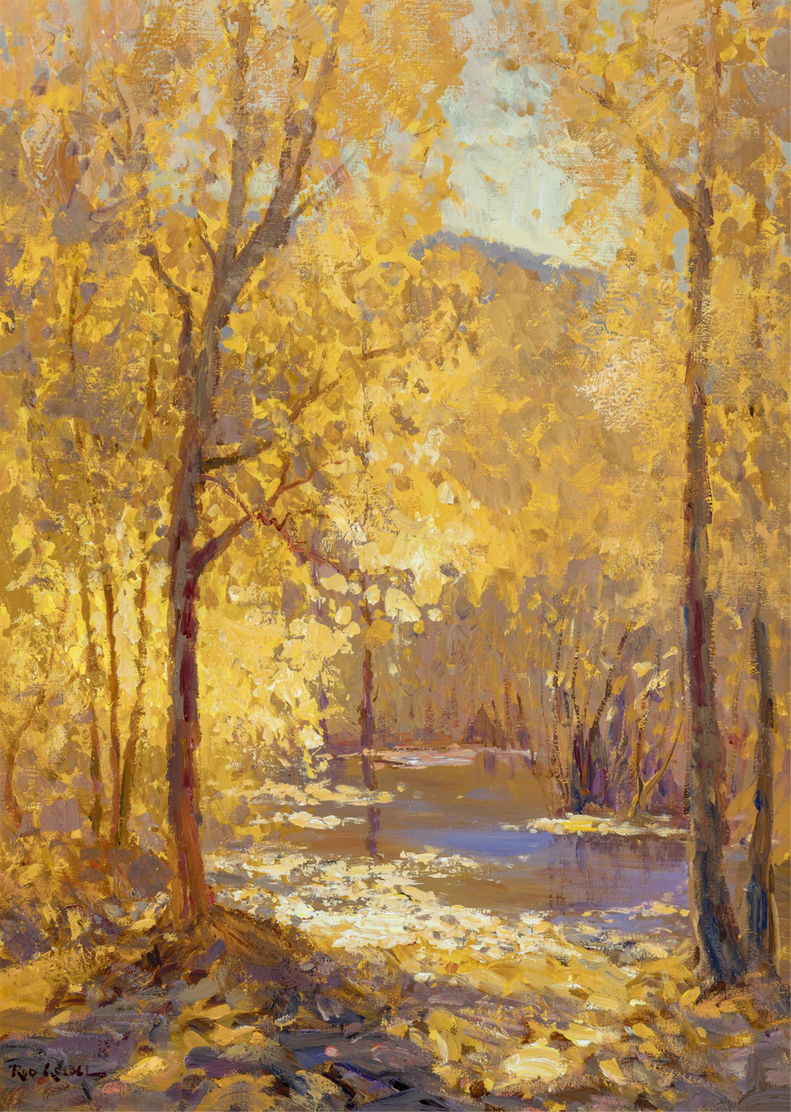 Rod Goebel (1946-1993), Autumn Reflections: Rod Goebel(1946-1993)Autumn Reflectionsoil on canvassigned lower left: Rod Goebelverso: titled; label, Altermann Galleries, Santa Fe, New Mexico28 x 20 inches; 38.25 x 30.25 inches (frame)