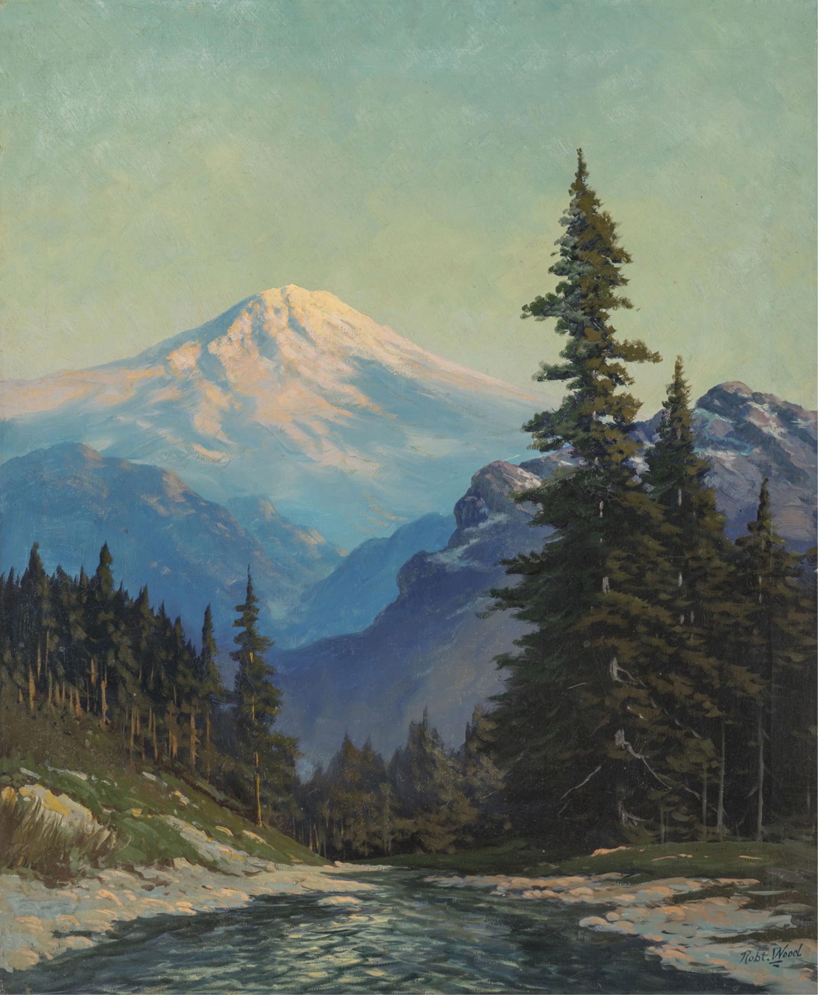 Robert William Wood (1889-1979), Mount Hood: Robert William Wood(1889-1979)Mount Hoodoil on canvassigned lower right: Robt. Woodverso: label, Altermann Galleries & Auctioneers, Santa Fe, New Mexico30 x 25 inches; 40.5 x 35.75 inches (frame)